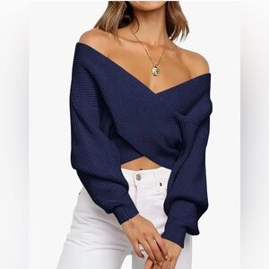 DYNAMITE Women Casual V Neck Long Sleeve Sweaters Cross Wrap Front Off Shoulder